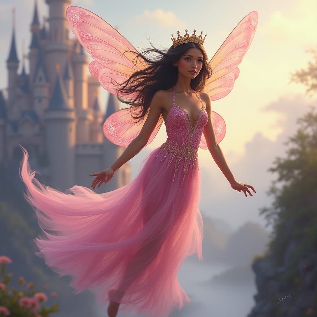 Ethereal Fairy Soars Before Castle in Luminous Fantasy Style