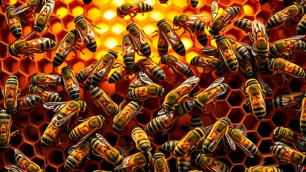 Bustling Honeybee Colony in Golden Honeycomb