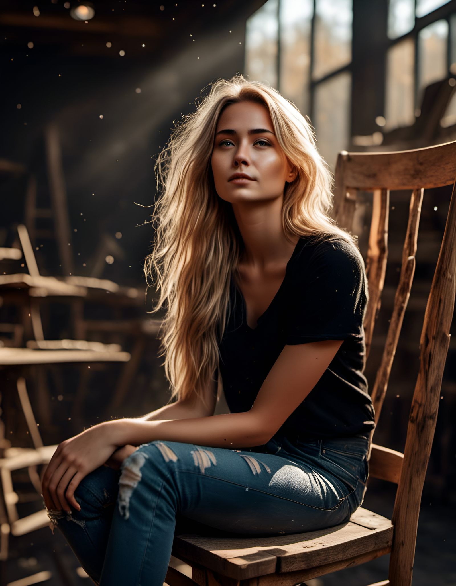 Beautiful Blonde Woman Posing on Wooden Chair