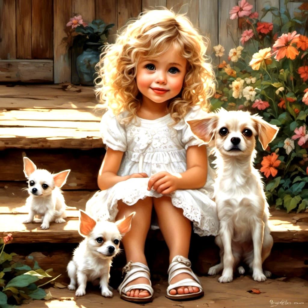 Blond Girl and Chihuahua on Cabin Porch