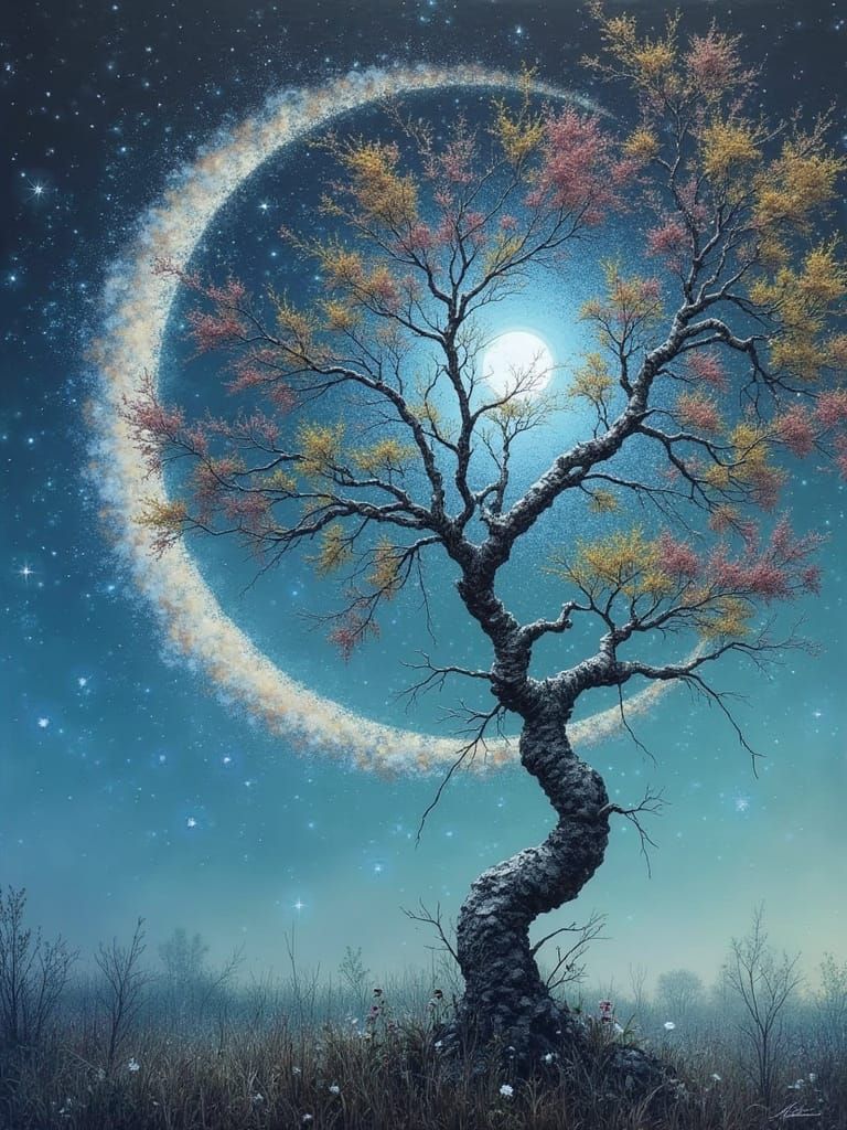 Moon Halo with Intricate Sky and Stars