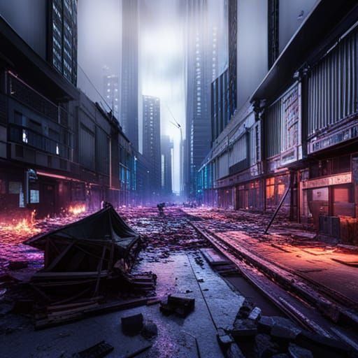 Apocalyptic Cyberpunk City Ablaze in 3D Game Style