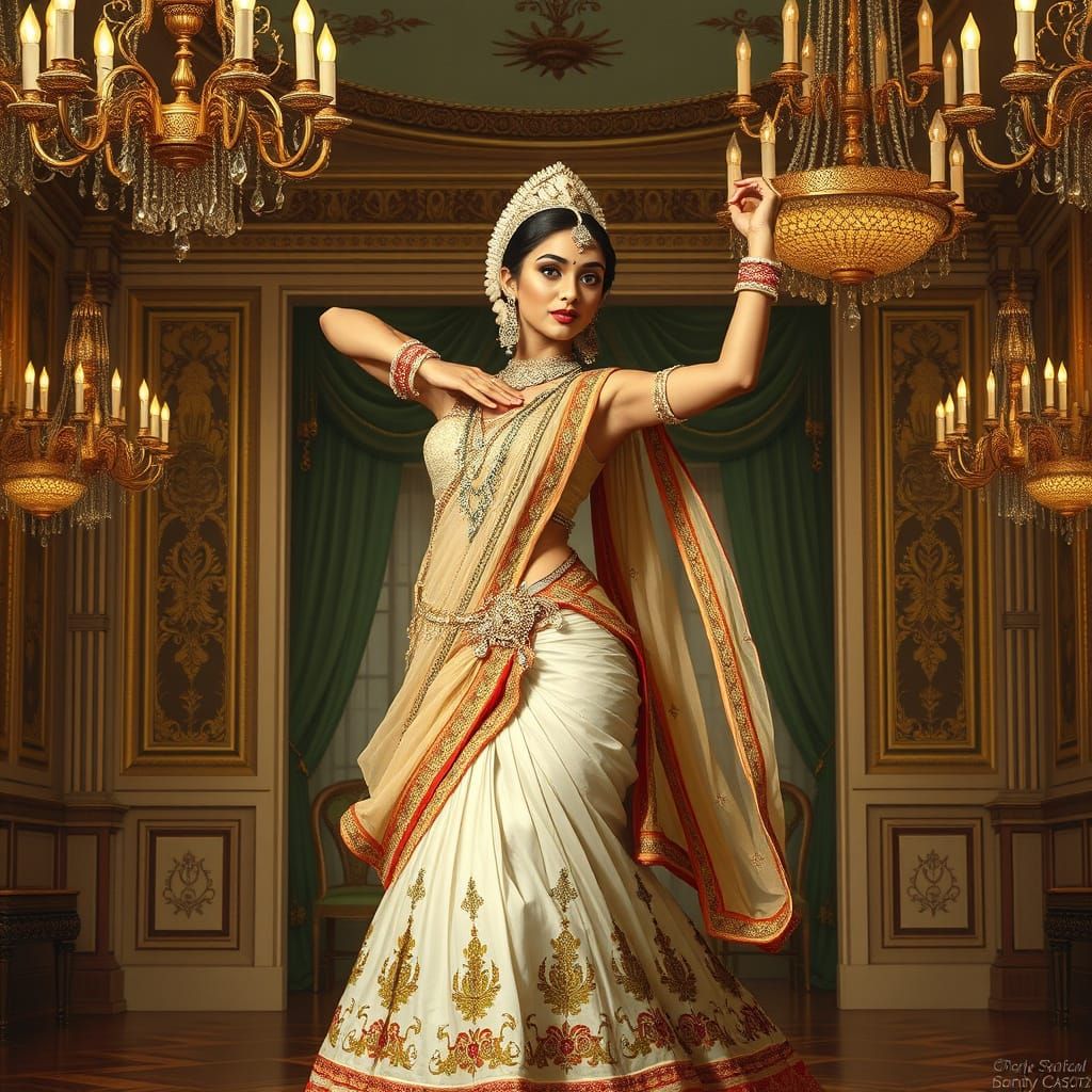 Elegant Indian Dancer in Ornate Ballroom Setting