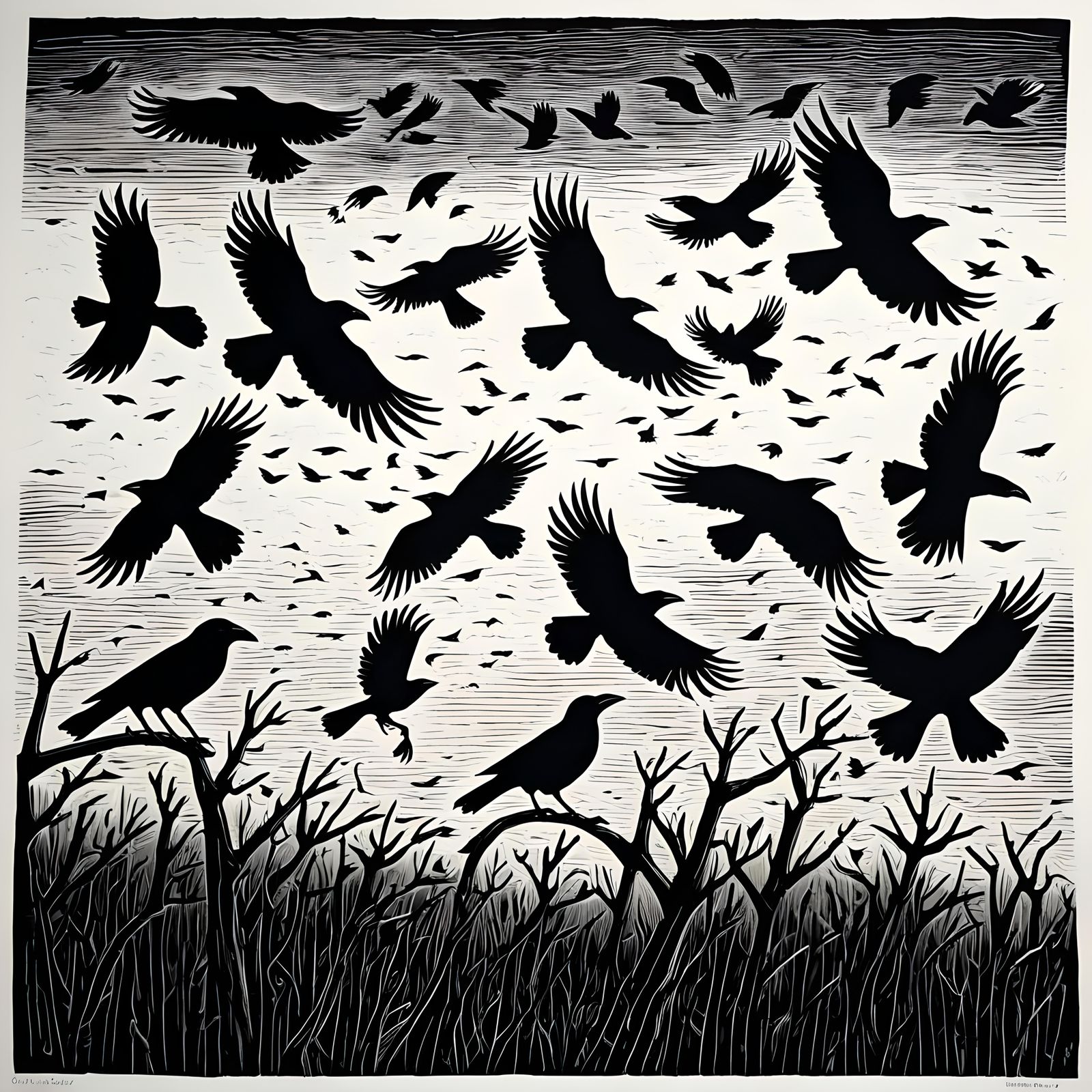Dramatic Black and White Linocut of Crows