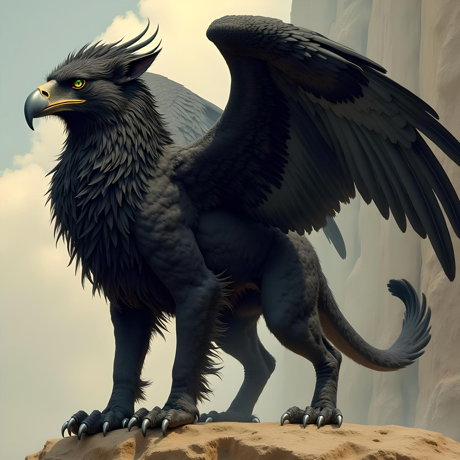 Majestic Black Griffin with Green Flaming Eyes