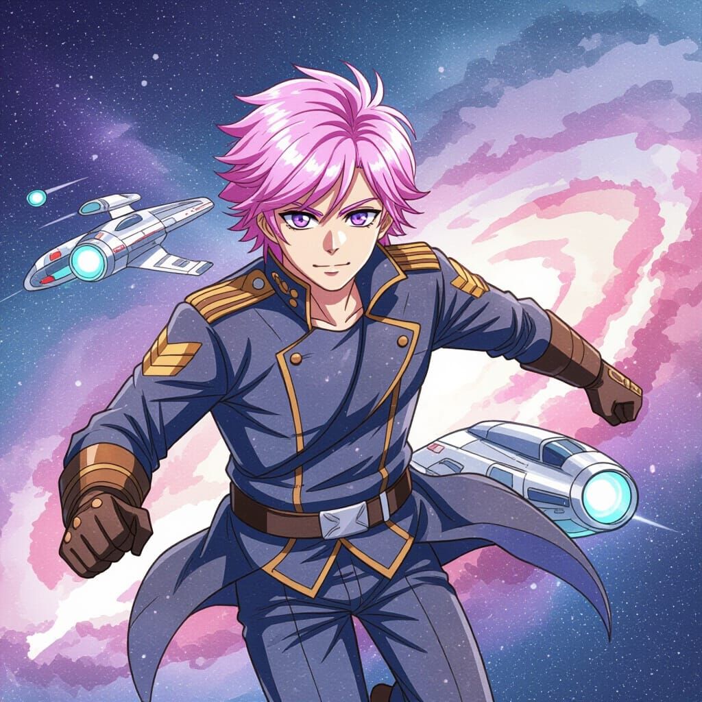 Handsome Space Captain Navigating Galaxy in Watercolor