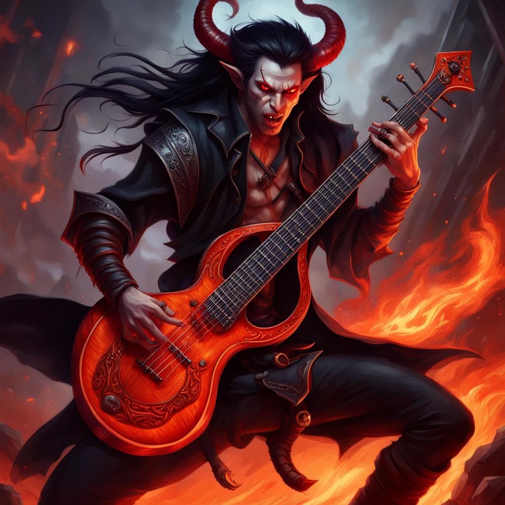 Tiefling Rockstar Jamming on a Fiery Electric Lute