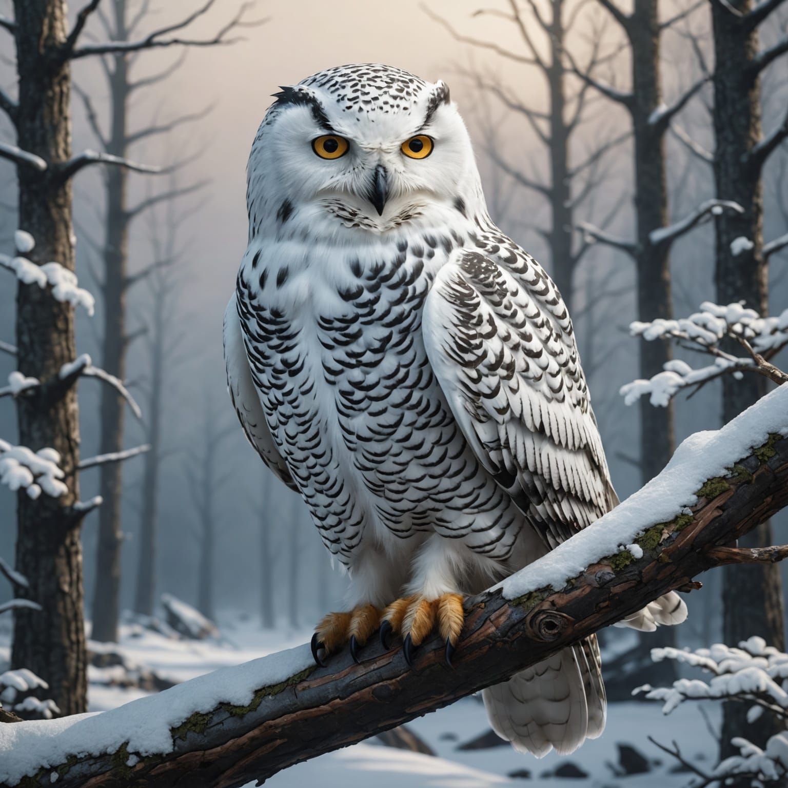 Snowy Owl on Branch: Detailed Matte Painting