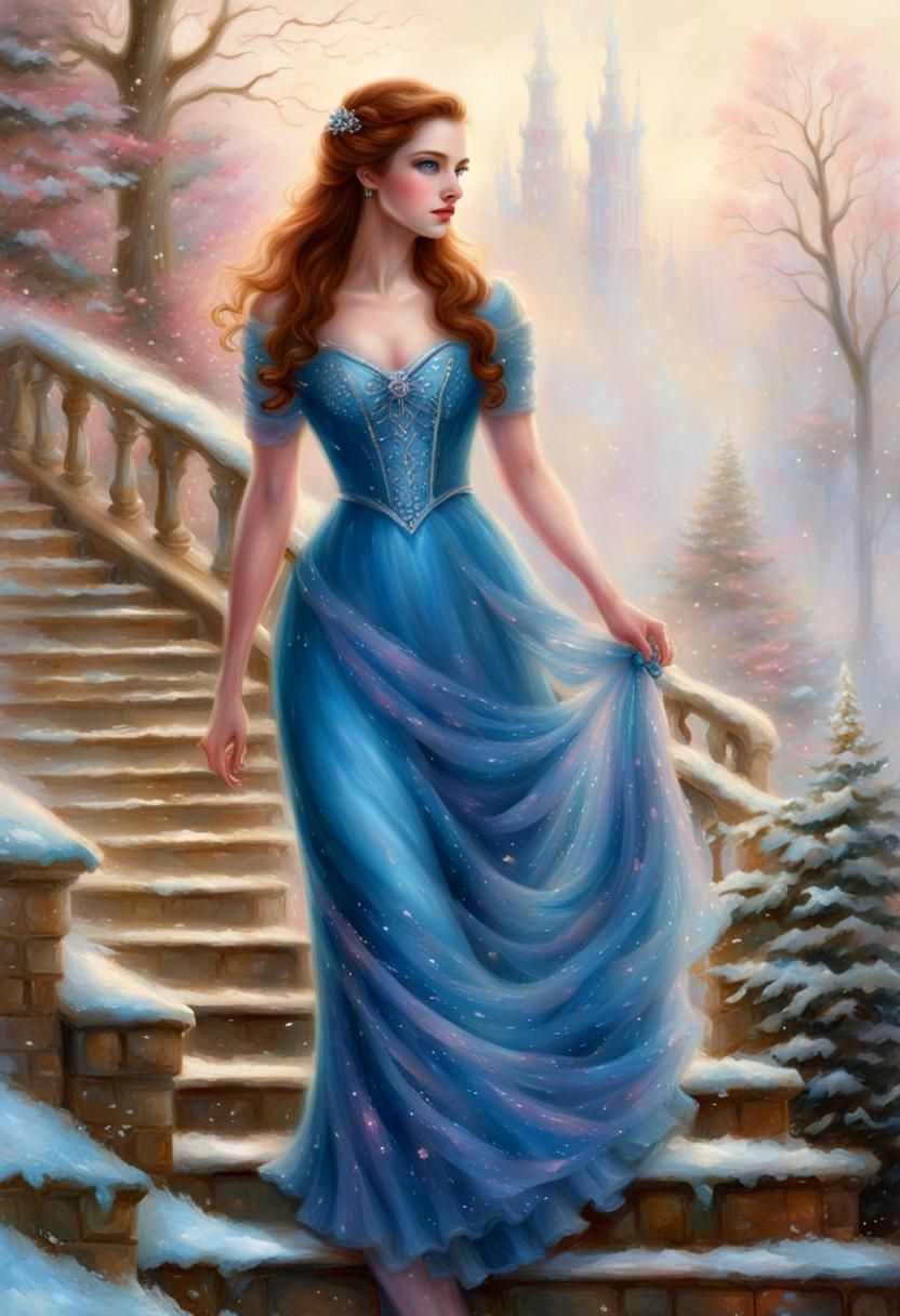 Ethereal Auburn-Haired Girl in Blue Dress, Kinkade Style