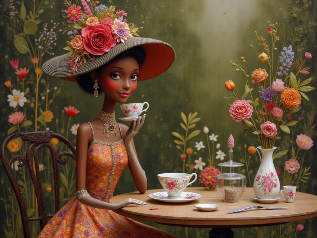 Elegant Black Woman Enjoys Tea in English Garden