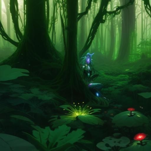 Lush Biopunk Forest with Cyborgs and Bioluminescent Life