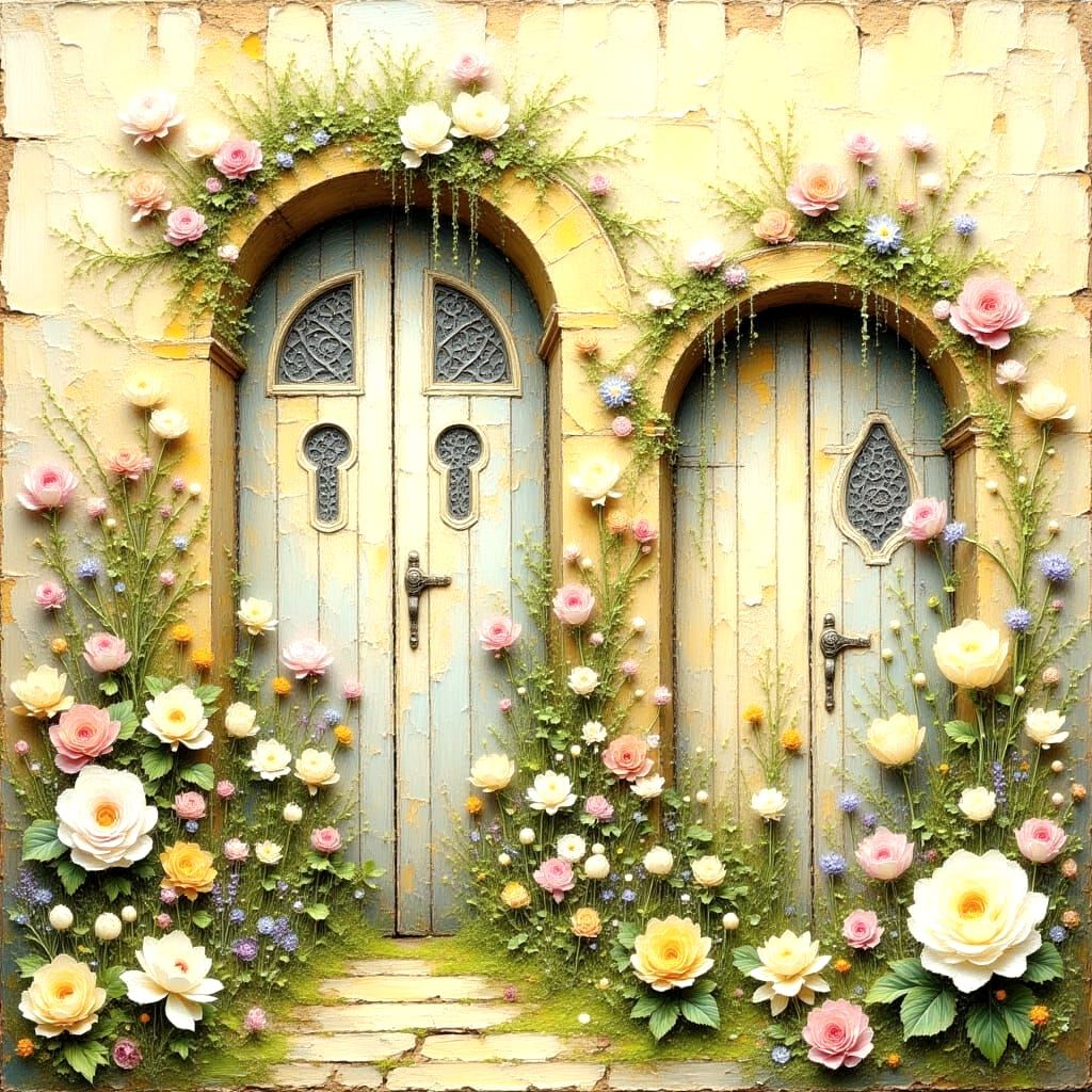 English Cottage Garden in Soft Impasto Oil Painting Style