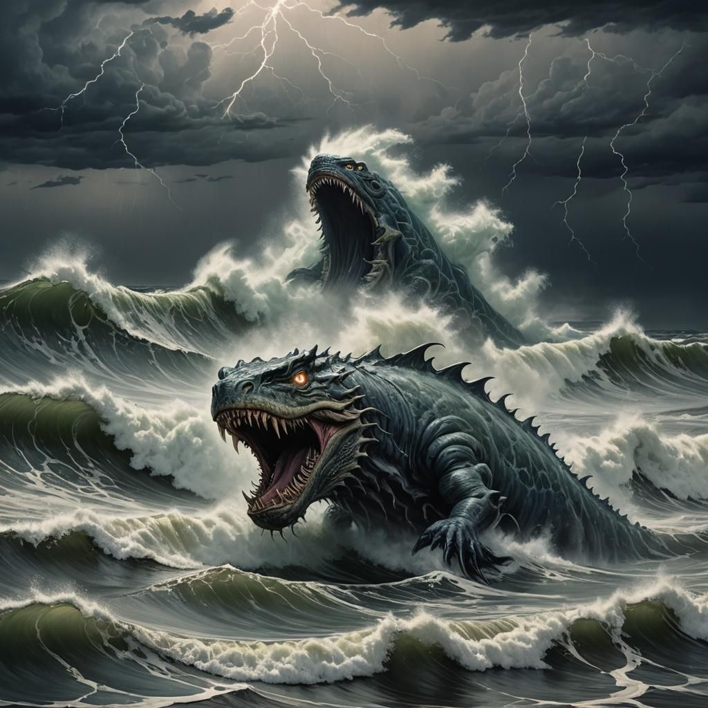 Sea Monster Emerges from Wave in Storm