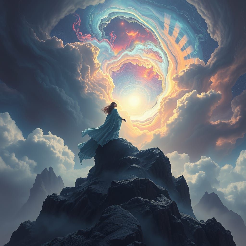 Cosmic Woman on Mountain in Ethereal Digital Art