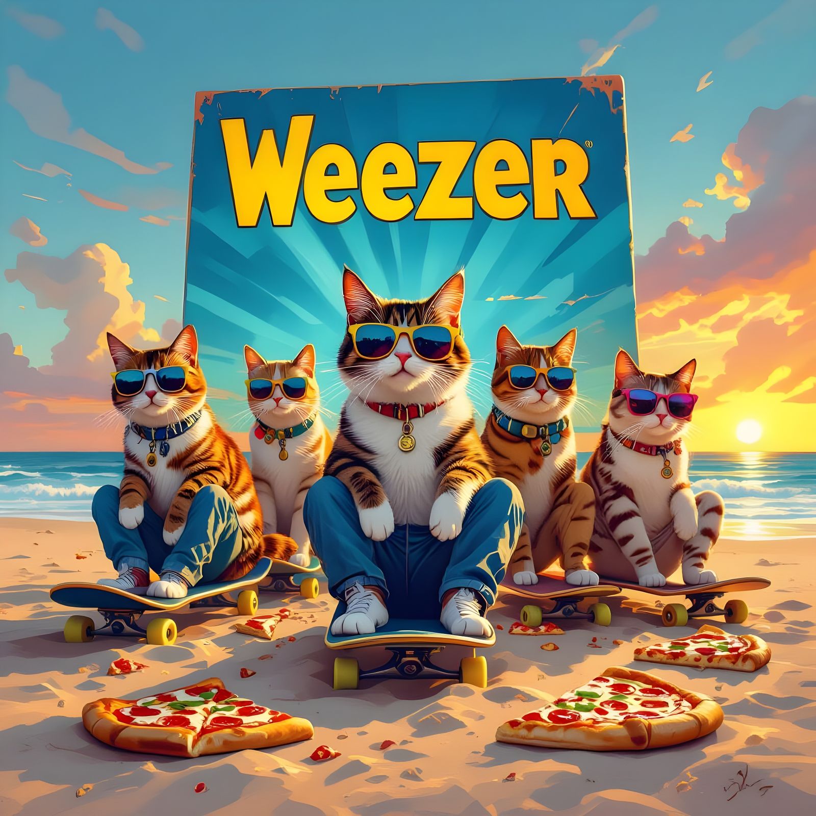 Cool Cats on Skateboards with Pizza and Weezer Album Art