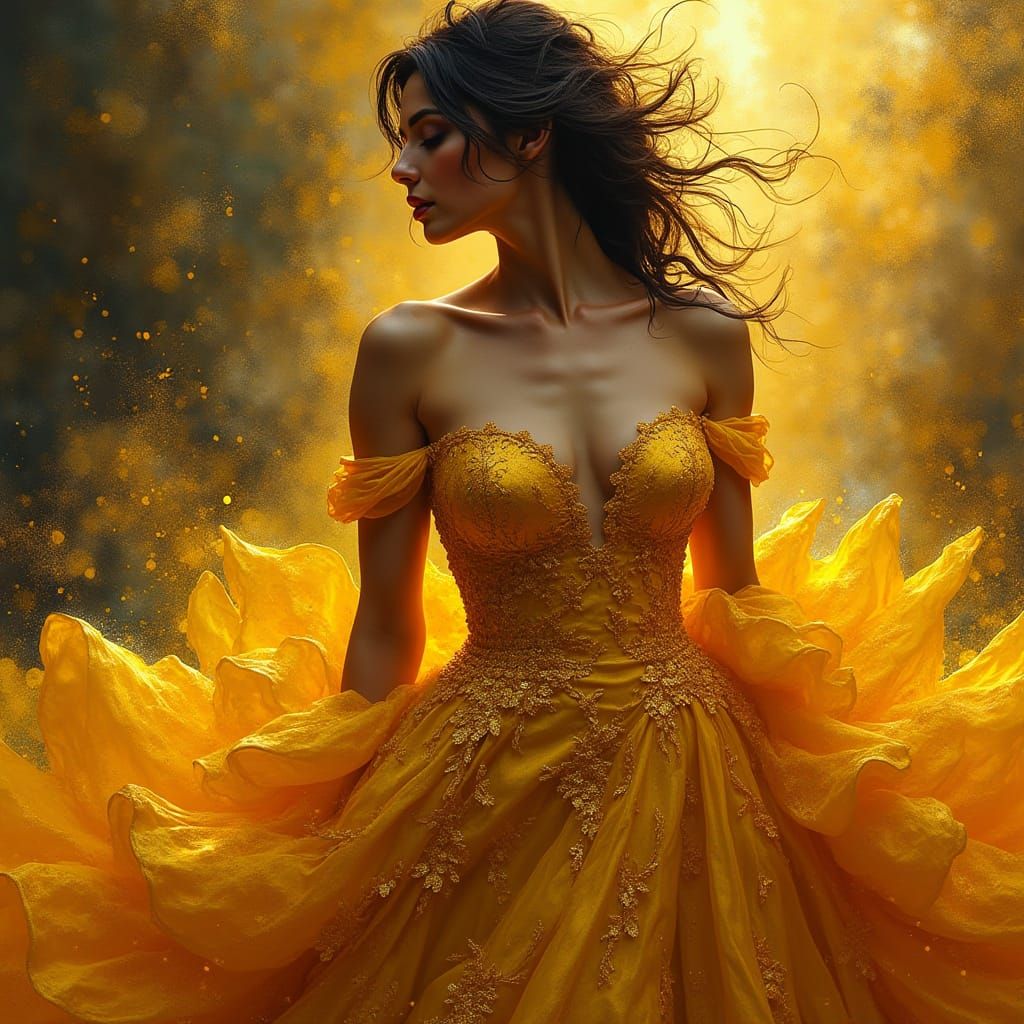 Woman in Extravagant Golden Gown, Oil Splash Style