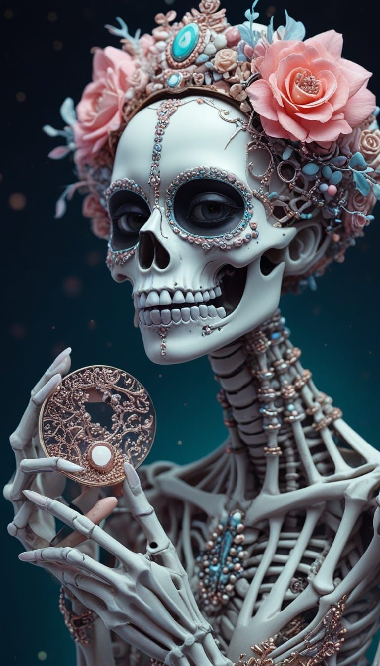 Glamorous Skeleton with Mirror in Pop Surrealism
