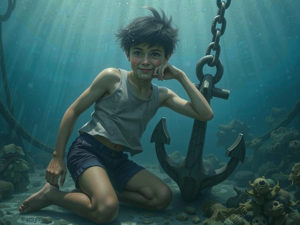 Sailor Boy Launches Harpoon into Stormy Ocean