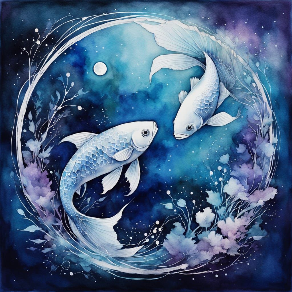 Dreamy Watercolor of Two Fish Dancing Under the Full Moon