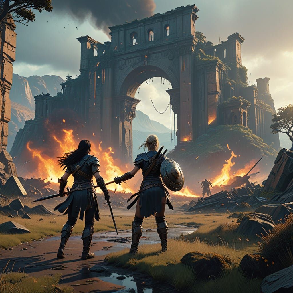 Epic Fantasy Battle Scene with Xena and Gabrielle in a Mythi...