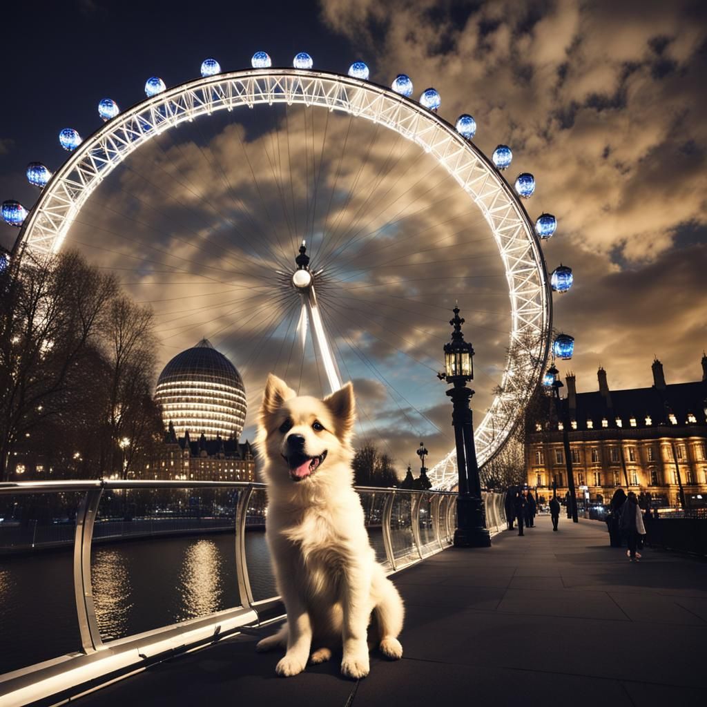 Puppy in London Eye at Night with Divine Light