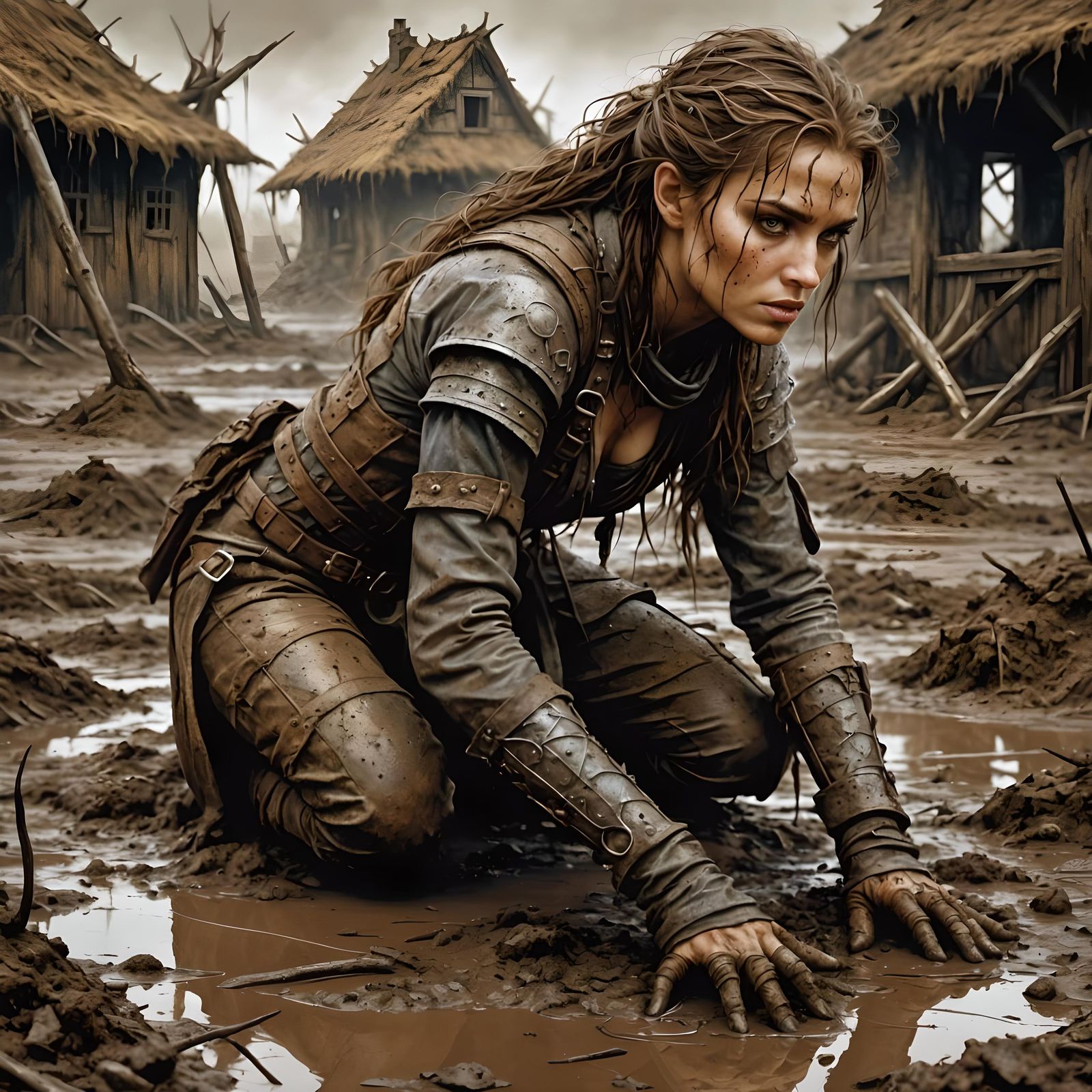 Exhausted Adventurer Crawling Through Mud in Comic Book Styl...