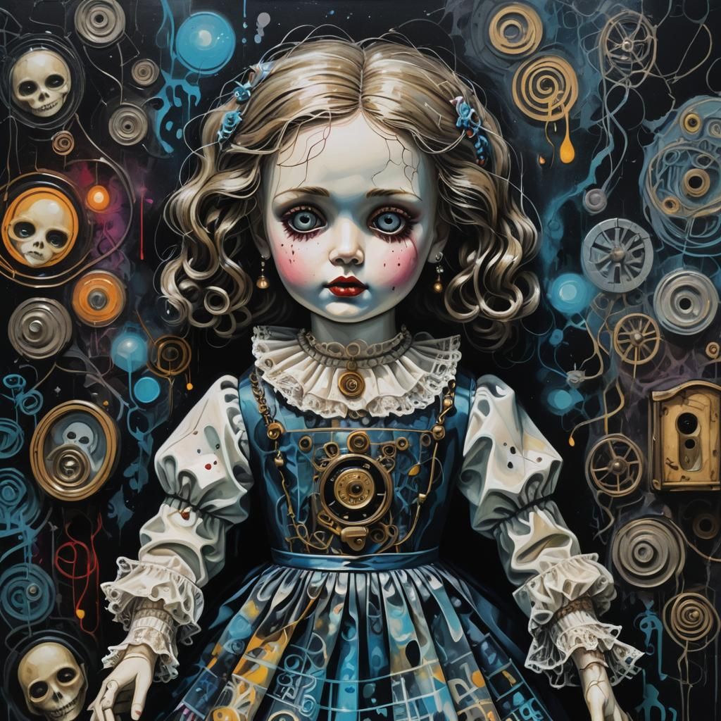 Eerie Porcelain Doll in Mystical Graffiti Art