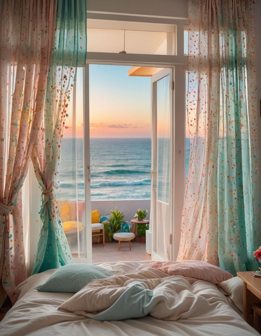 Colorful Beach House Bedroom with Ocean View