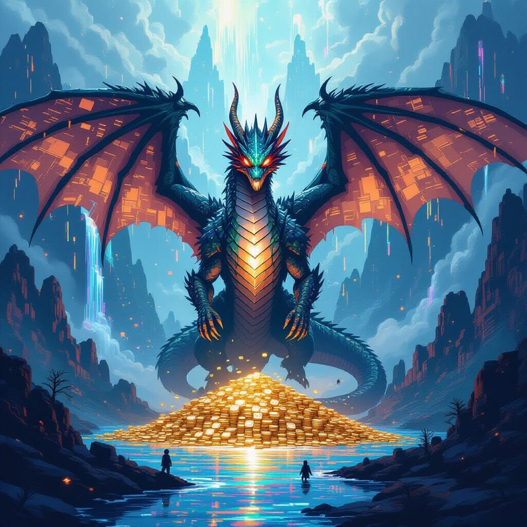 Glitch Dragon Guards Digital Hoard in Neon Data Realm
