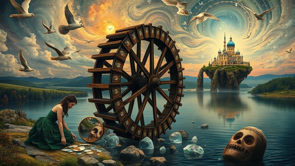 Surreal Waterwheel Scene with Mystical Woman and Dreamlike Q...