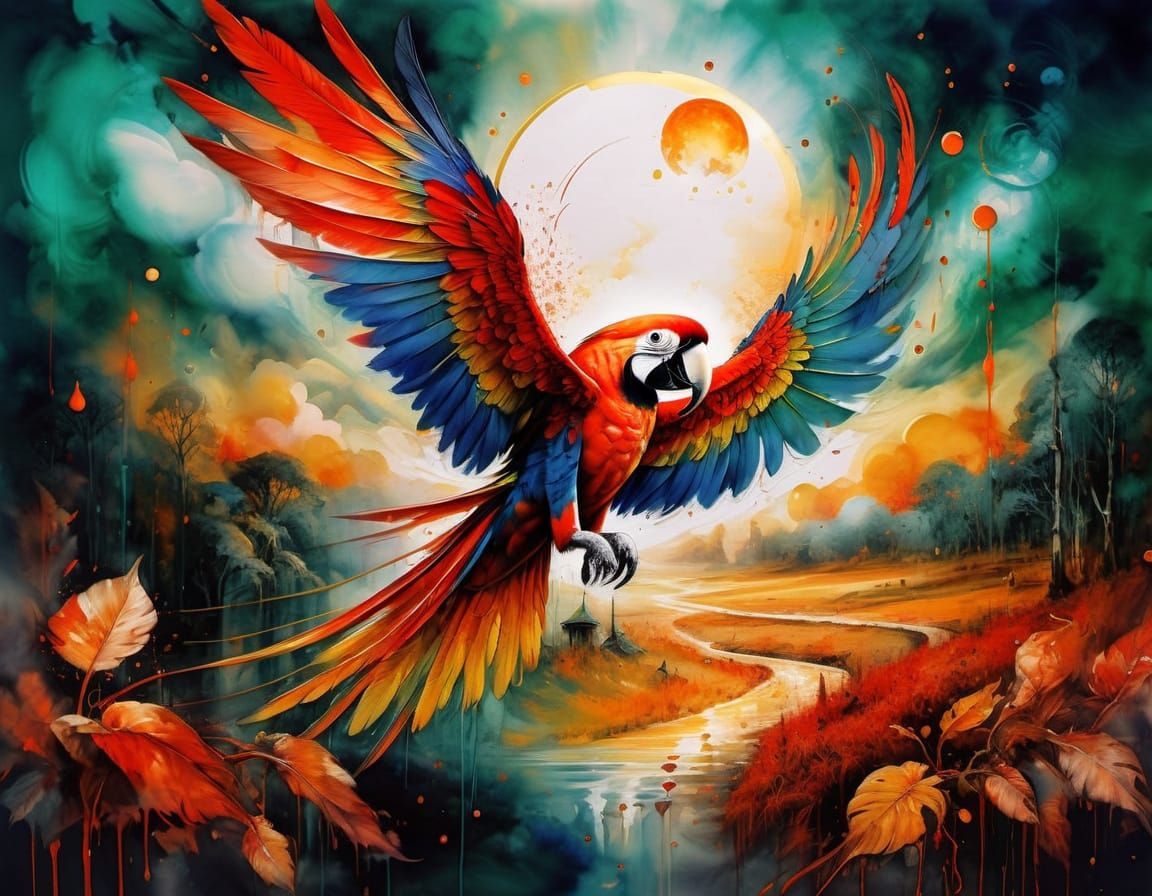 Scarlet Macaw Flight at Dawn: Watercolour Painting