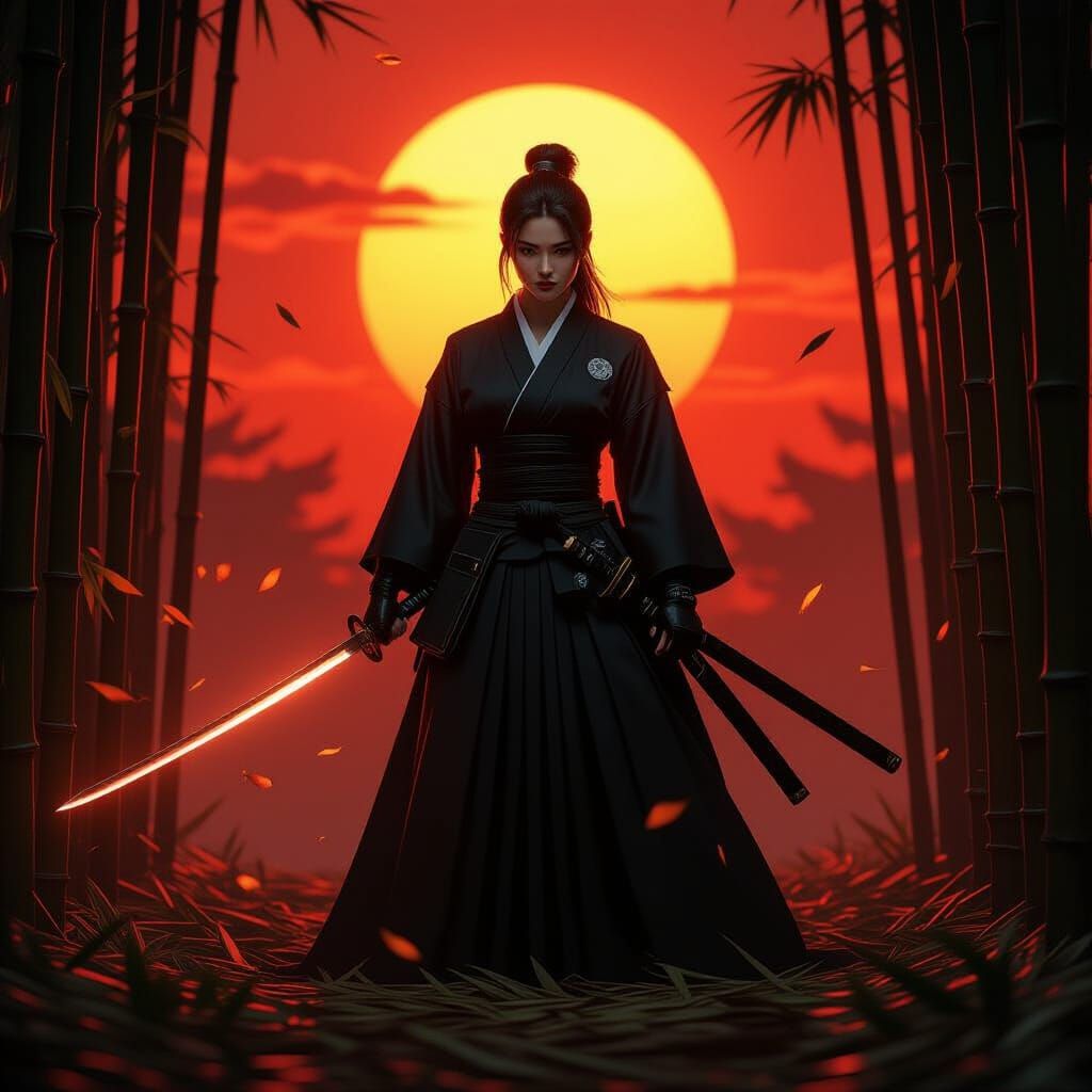 Samurai Warrior in Black Suit With Glowing Katana