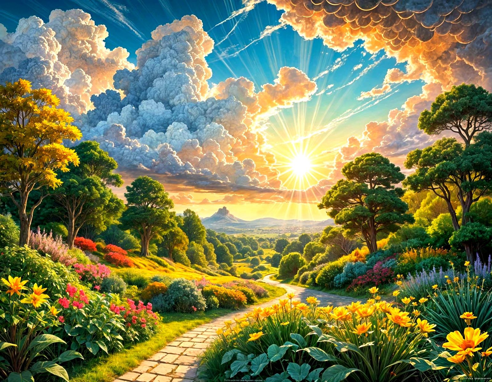 Surreal Watercolor Landscape of Heavenly Sunshine