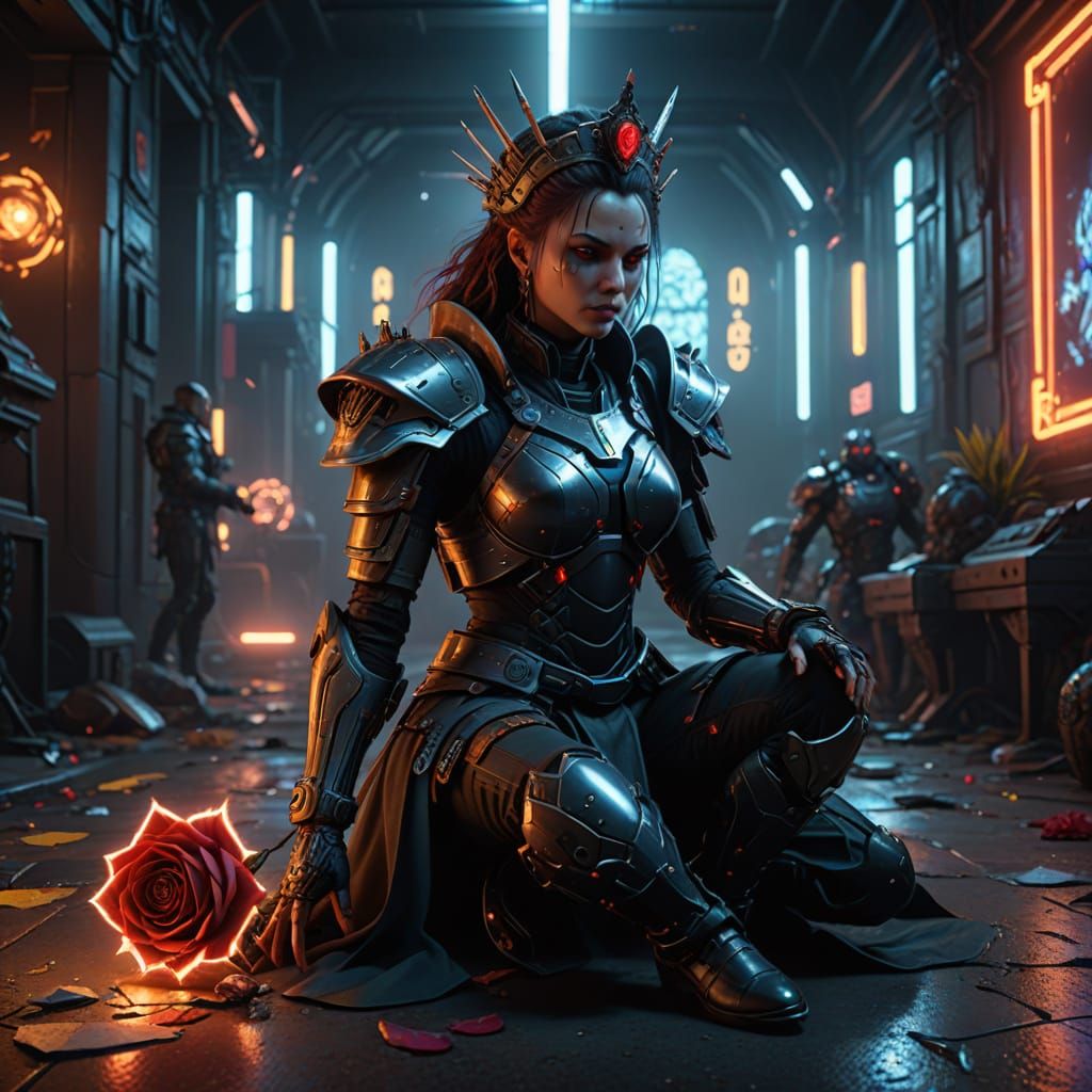 Cyberpunk Queen Offers Rose to Paladin
