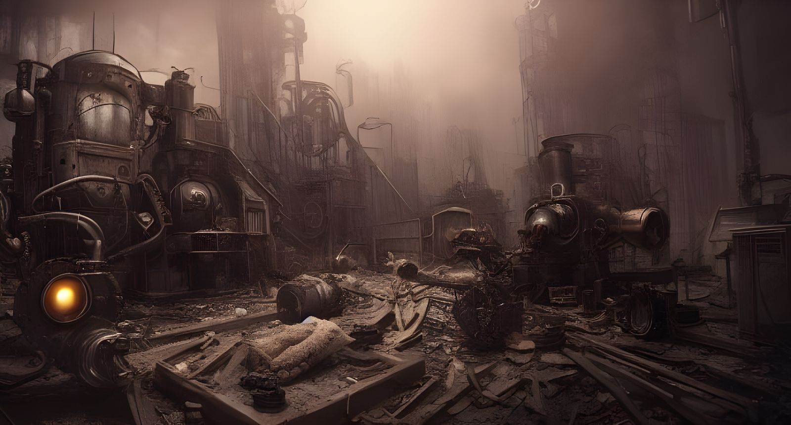 Dark Steampunk Robot in Post-Apocalyptic Future