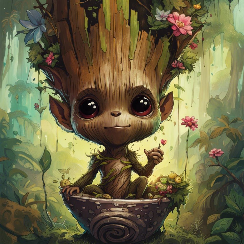 Adorable Groot and Grogu Portrait