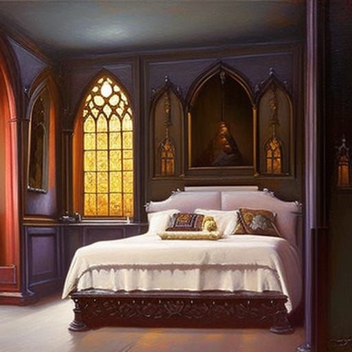 Gothic Bedroom Interior in Oil Painting Style