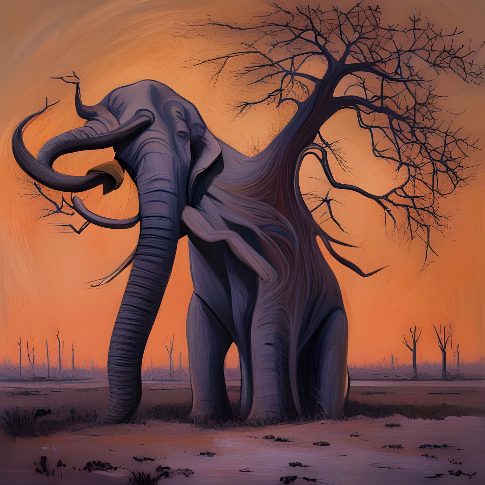 Elephant and Baobab Tree in Oil Painting Style