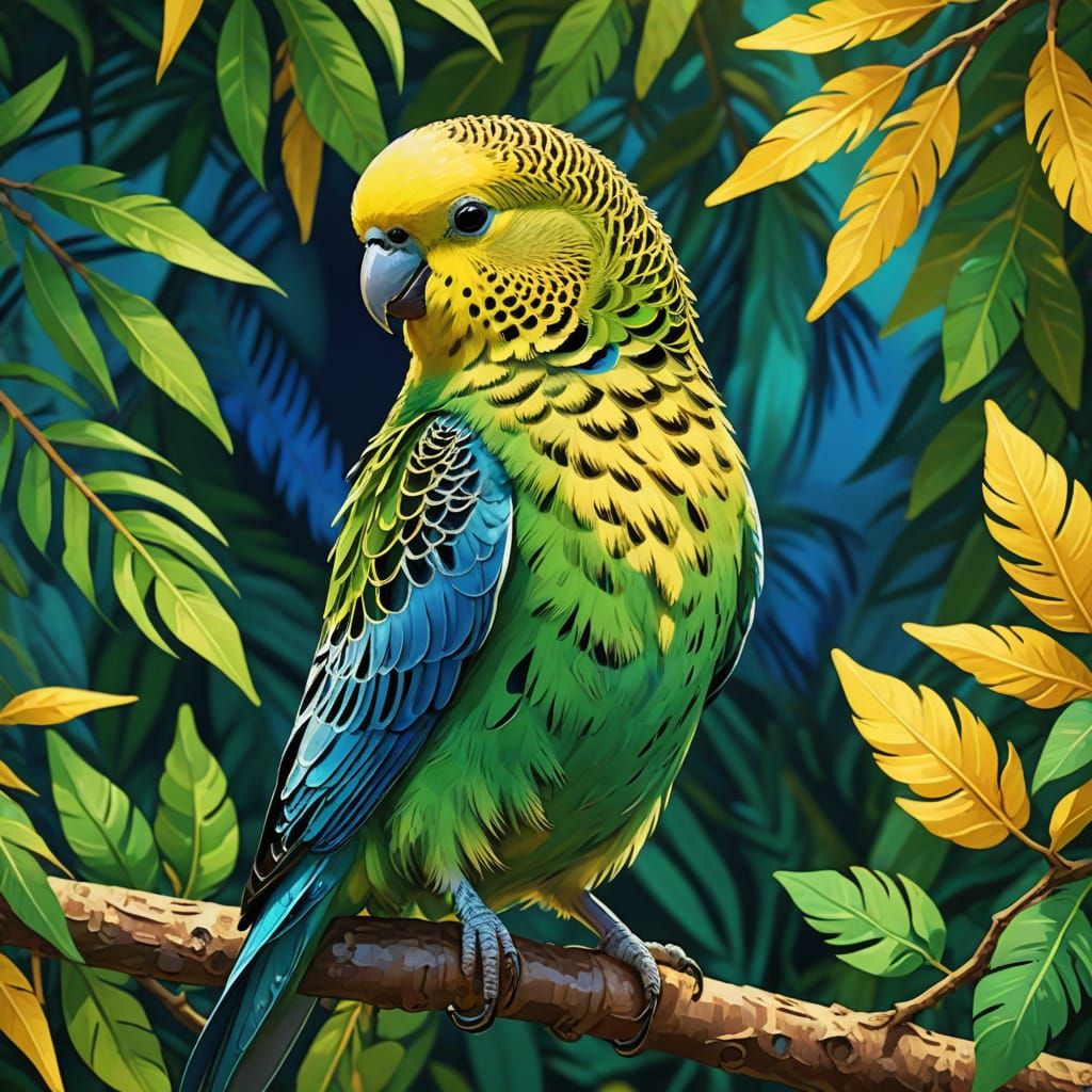 Vibrant Budgerigar Perched on Branch, Matisse Style