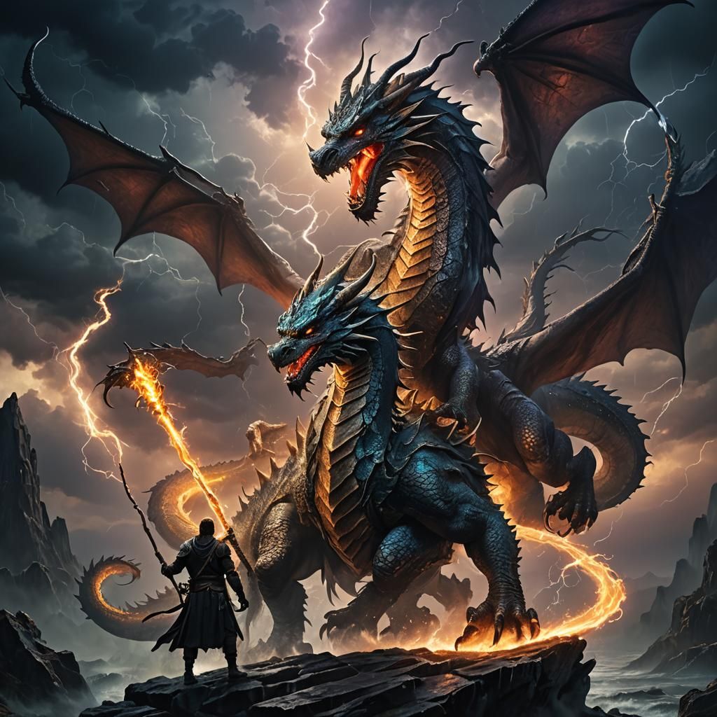 Mystic Warrior on Dragon in Stormy Realm