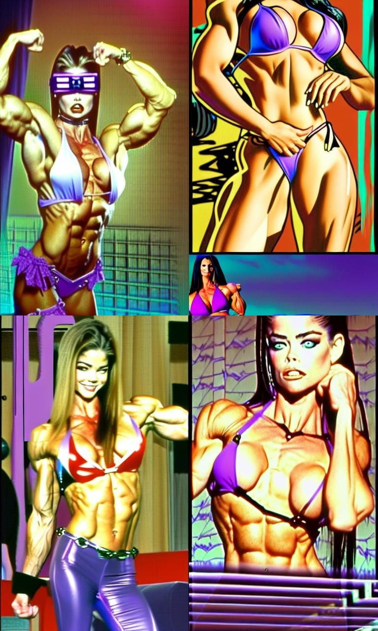 Gothic Bodybuilder in Purple Bikini, Anime Style