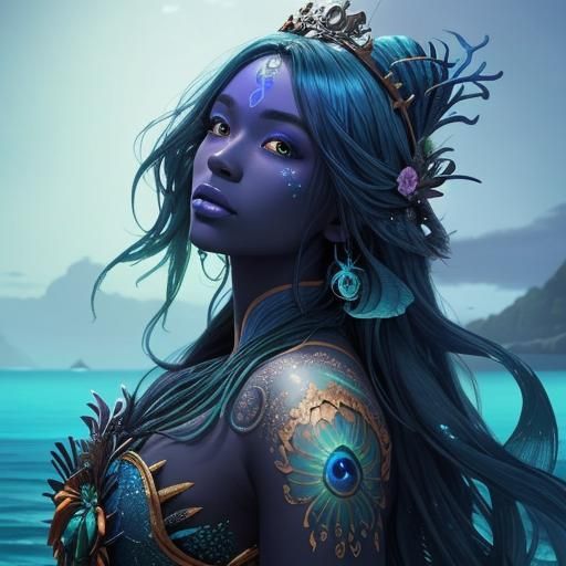 Dark-Skinned Mermaid with Peacock Tail in Ocean