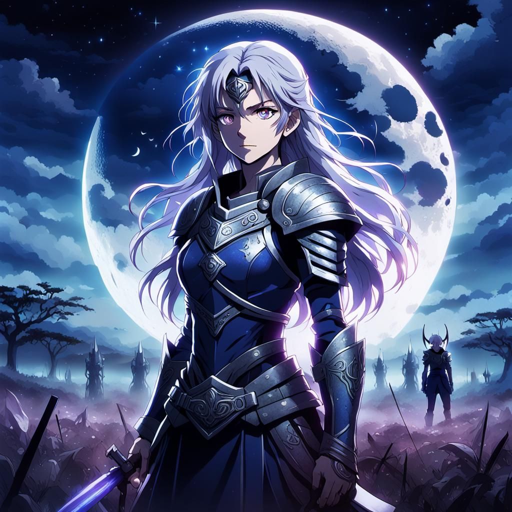 Female Warrior in Moonlit Field, Anime Key Visual