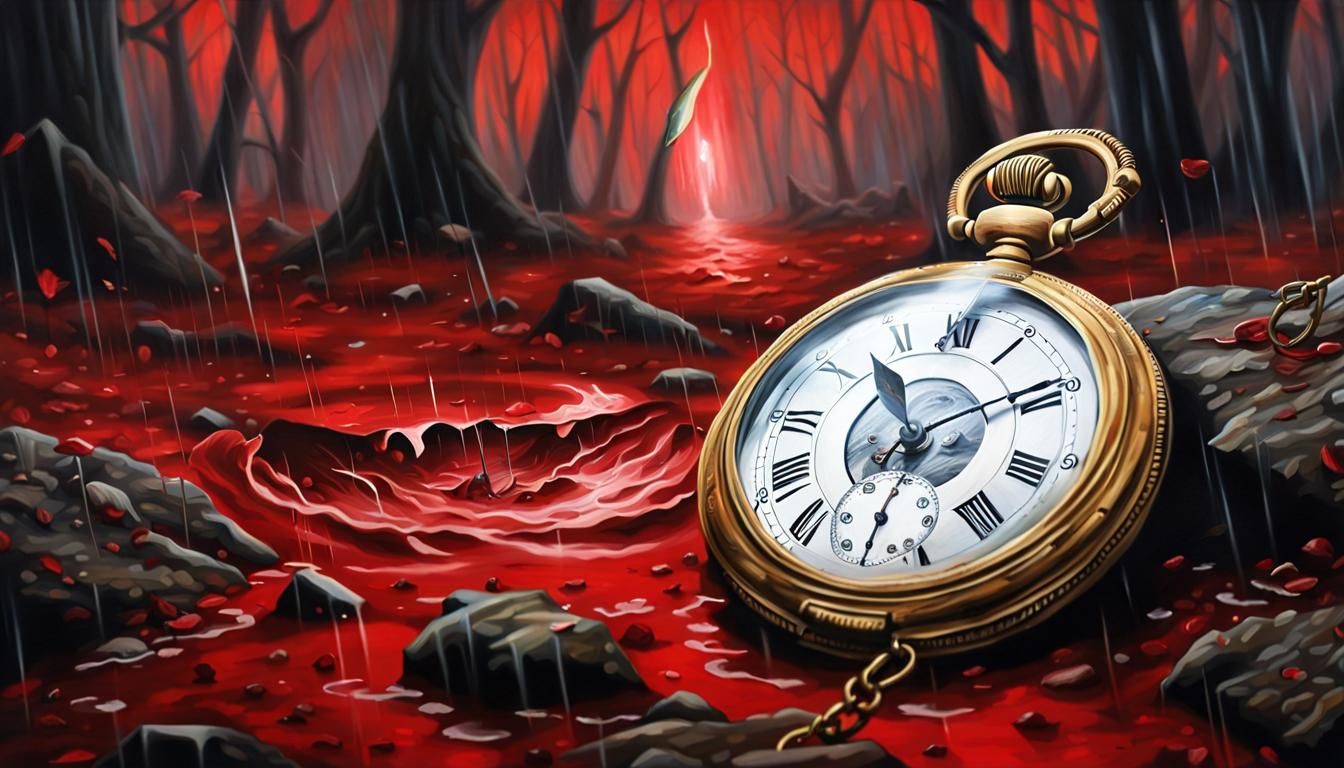 a blood red storm in a red forest, a bolt of white lightning...