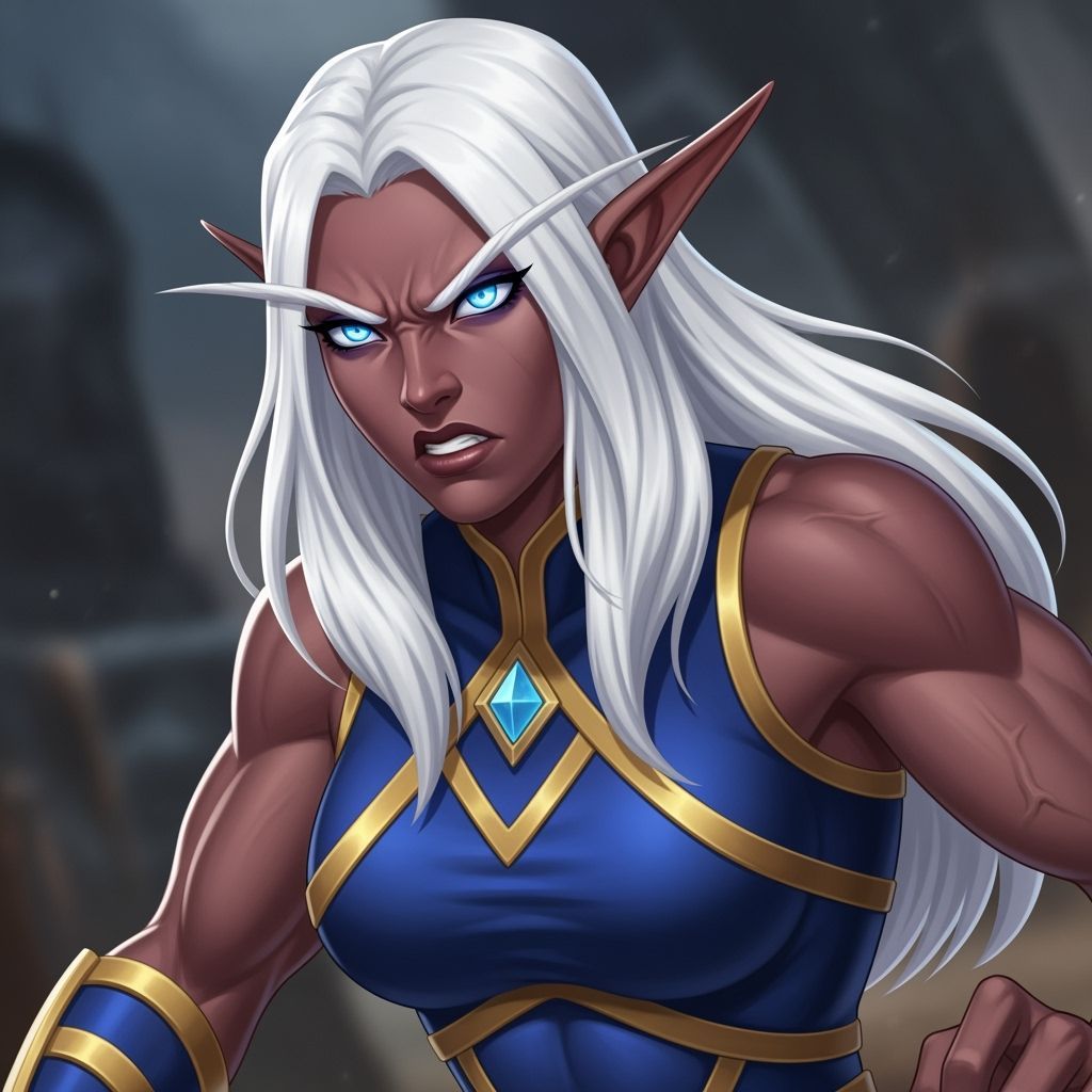 Muscular Female Elf With White Hair and Blue Eyes