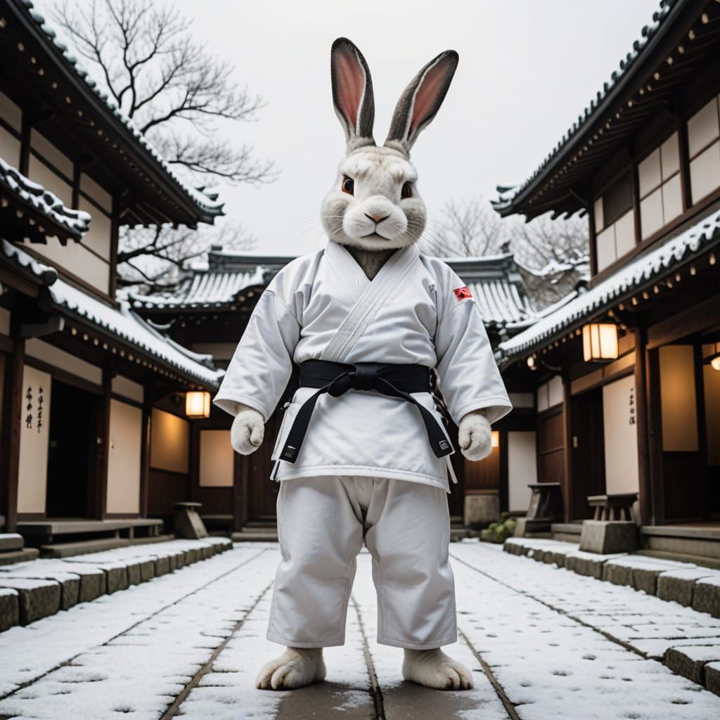 Giant Rabbit in Traditional Japanese Winter City