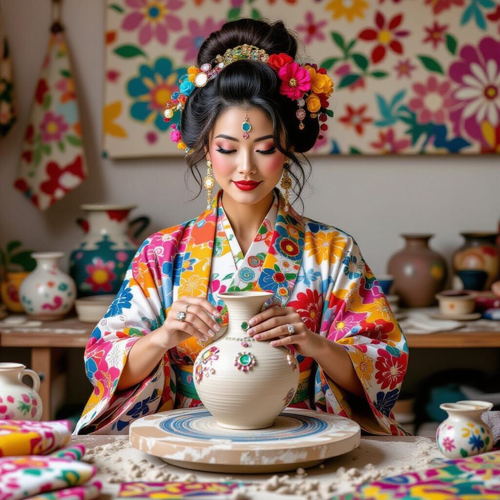 Goddess Shaping Clay Vase in Playful Style