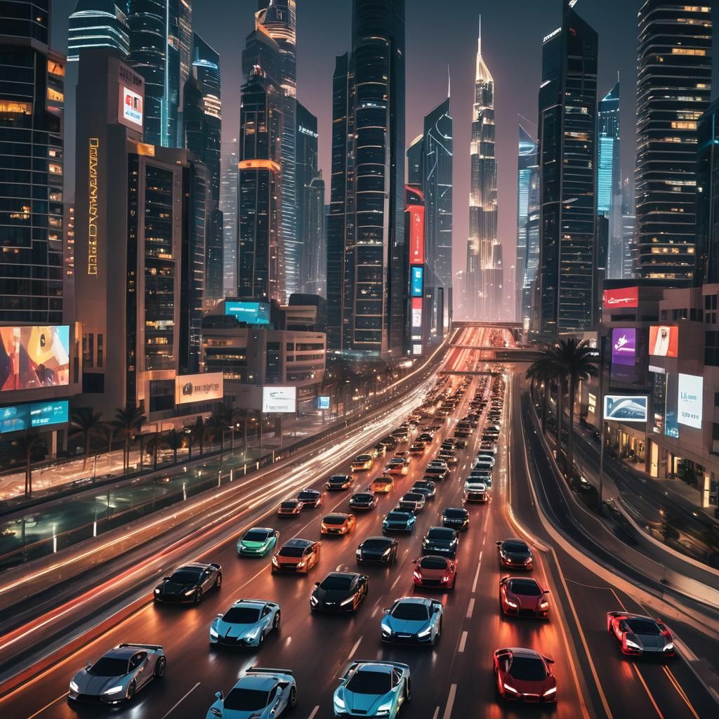 Futuristic Dubai Car Race with Neon Lights