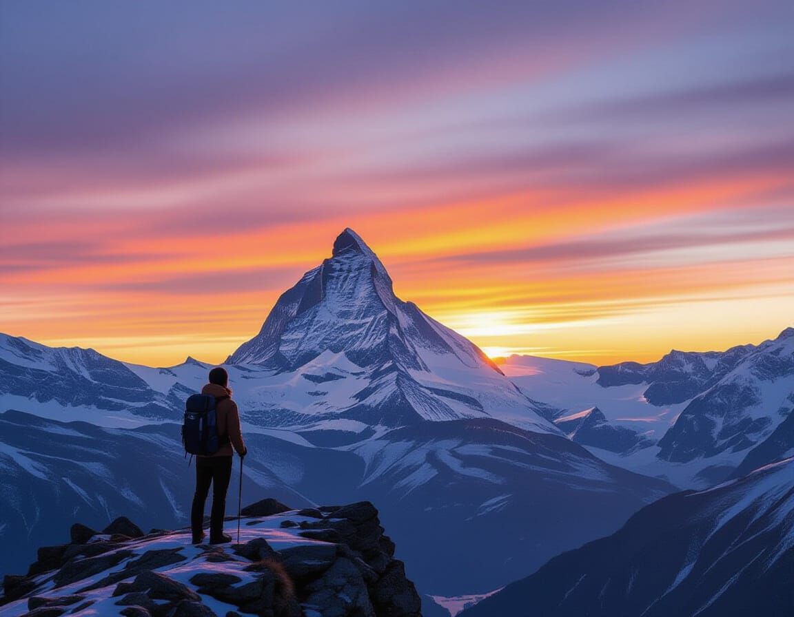 Hiker Silhouetted Against Fiery Swiss Alps Sunrise