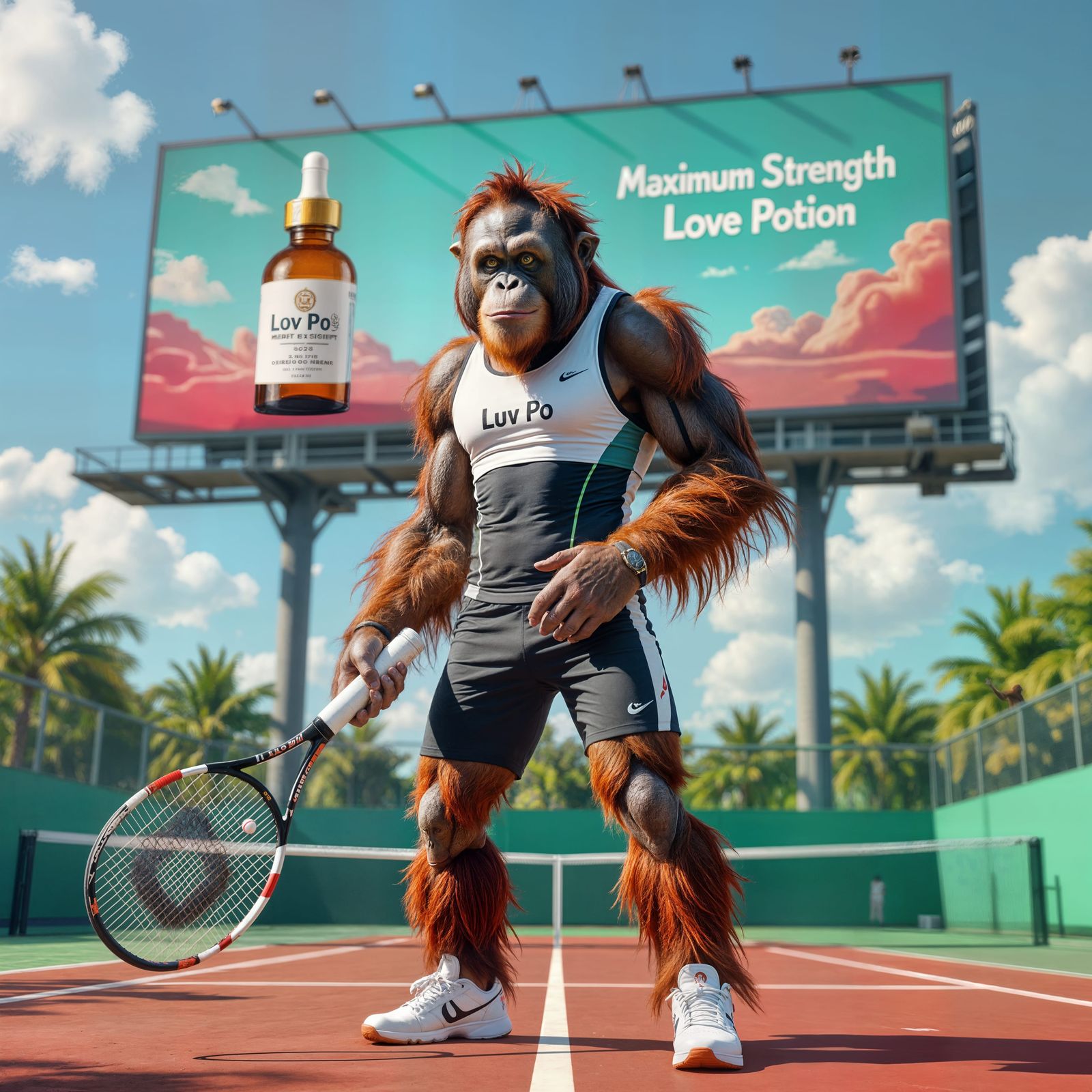 Orangutan Tennis Pro Promoting Love Potion